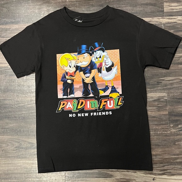 Paid in Full Black Graphic T-Shirt with Cartoon Characters - Picture 1 of 1